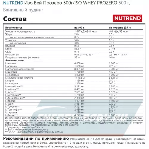  NUTREND Изо Вей Прозеро 500г/ISO WHEY PROZERO Ванильный пудинг, 500 г