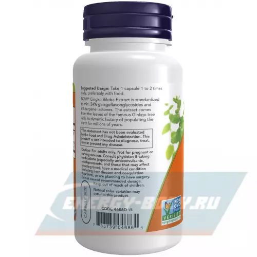  NOW FOODS Ginkgo Biloba 60 mg – Гинкго Билоба Нейтральный, 60 веган капсул