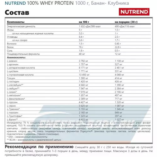  NUTREND 100% WHEY PROTEIN Банан- Клубника, 1000 г