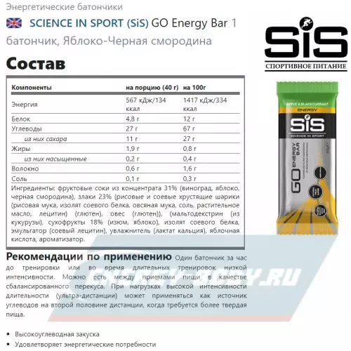 Батончик энергетический SCIENCE IN SPORT (SiS) GO Energy Mini Bar Яблоко-Черная смородина, 40 г x 30 батончиков