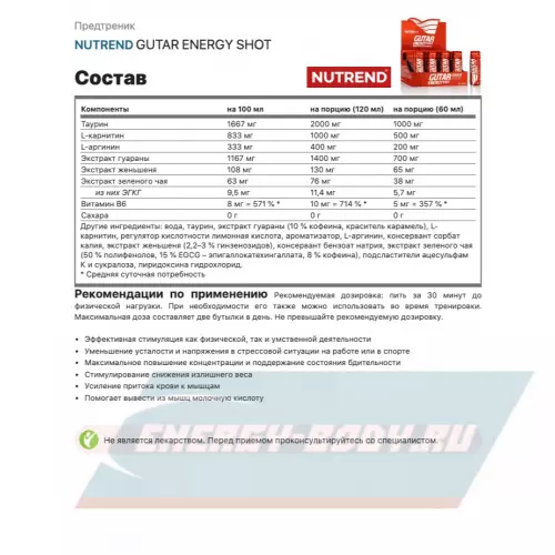 Предтерник NUTREND GUTAR ENERGY SHOT 20 x 60 мл