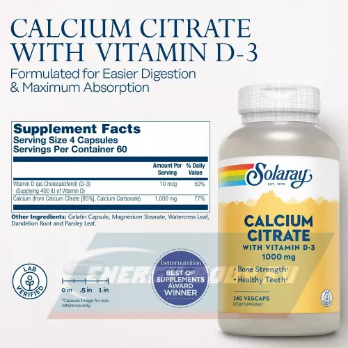 Минералы Solaray Calcium Citrate Vitamin D-3, 1000 mg 90 капсул