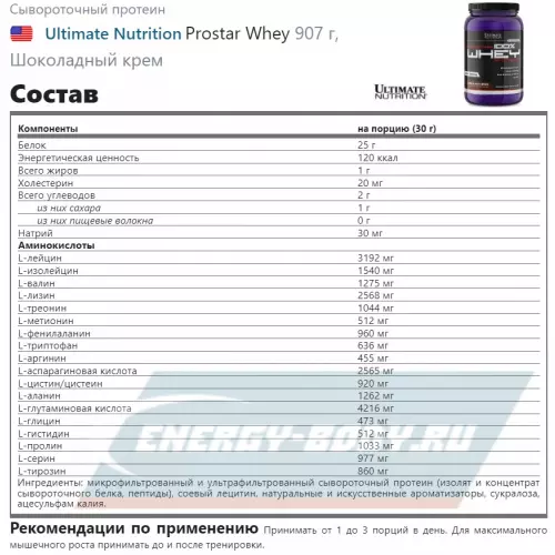  Ultimate Nutrition Prostar Whey Шоколадный крем, 907 г