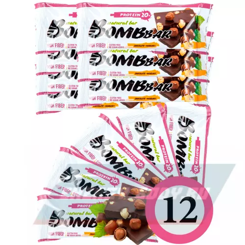 Батончик протеиновый Bombbar Protein Bar Шоколад - Фундук, 12 x 60 г