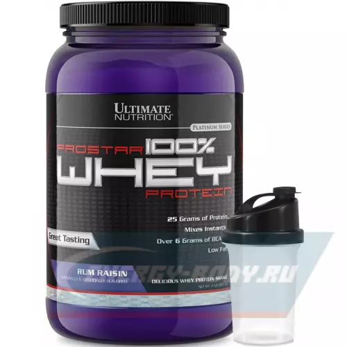  Ultimate Nutrition Prostar Whey Ром с изюмом, 907 г + шейкер