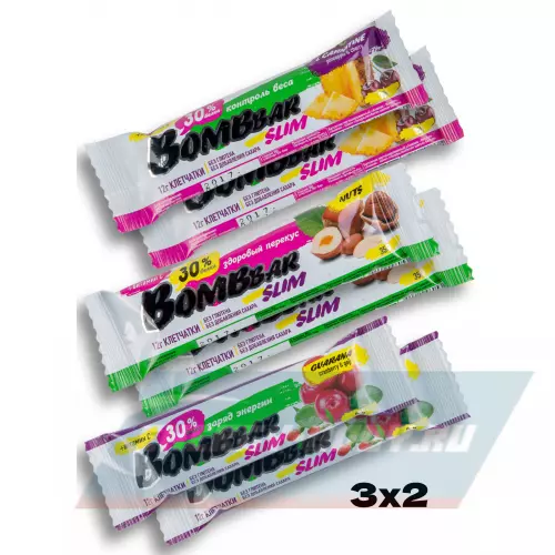Батончик протеиновый Bombbar Protein Bar Slim + гуарана Микс (Клюква-годжи, Ананас - вишня, Фундук-арахис), 6  х 35 г
