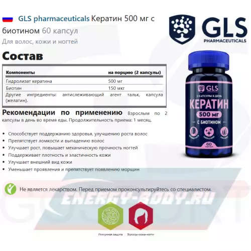  GLS pharmaceuticals Кератин 500 мг с биотином 60 капсул