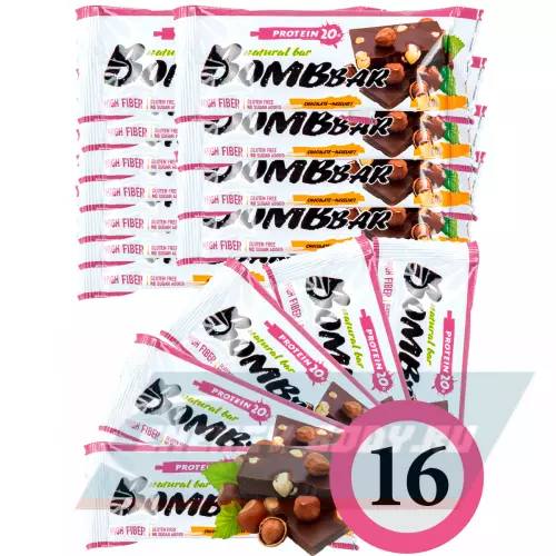 Батончик протеиновый Bombbar Protein Bar Шоколад - Фундук, 16 x 60 г
