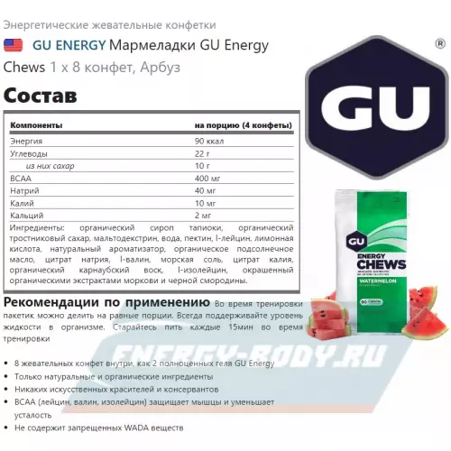 Энергетик GU ENERGY Мармеладки GU Energy Chews Арбуз, 1 х 8 конфет