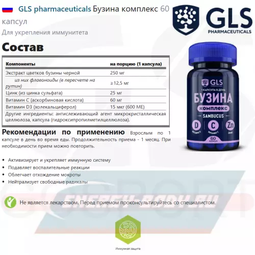  GLS pharmaceuticals Бузина комплекс 60 капсул