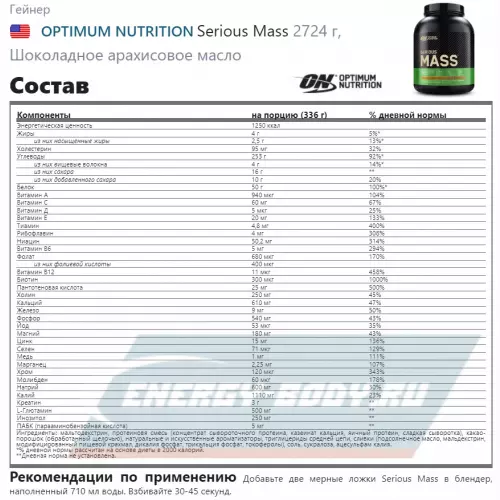 Гейнер OPTIMUM NUTRITION Serious Mass Шоколадное арахисовое масло, 2724 г