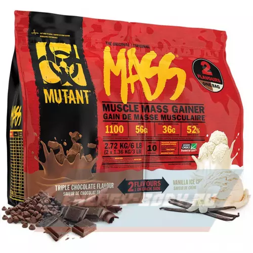 Гейнер Mutant Mass 6 lb Тройной шоколад & Ванильное мороженное, 2720 г + шейкер