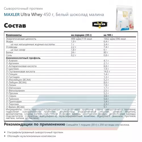  MAXLER Ultra Whey Белый шоколад малина, 450 г