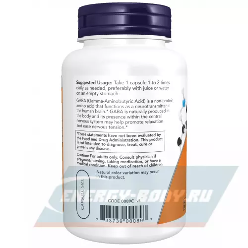  NOW FOODS GABA 750 mg Нейтральный, 100 веган капсул