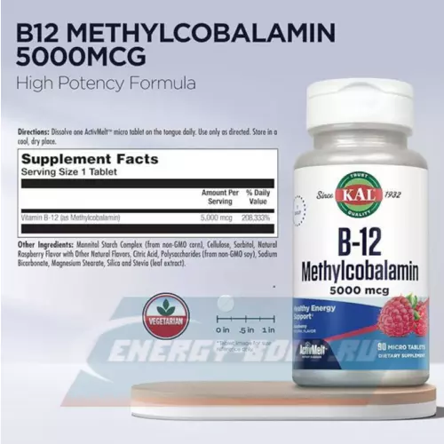  KAL B-12 Methylcobalamin 5000 mcg Малина, 90 таблеток