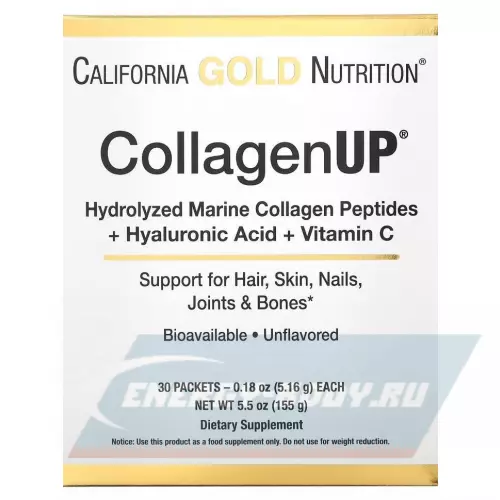 COLLAGEN California Gold Nutrition CollagenUP Marine Sourced Peptides + Hyaluronic Acid + Vitamin C натуральный, 30 x 5.16 г