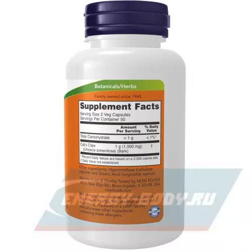  NOW FOODS Cat's Claw 500 mg - Кошачий Коготь Нейтральный, 100 веган капсул