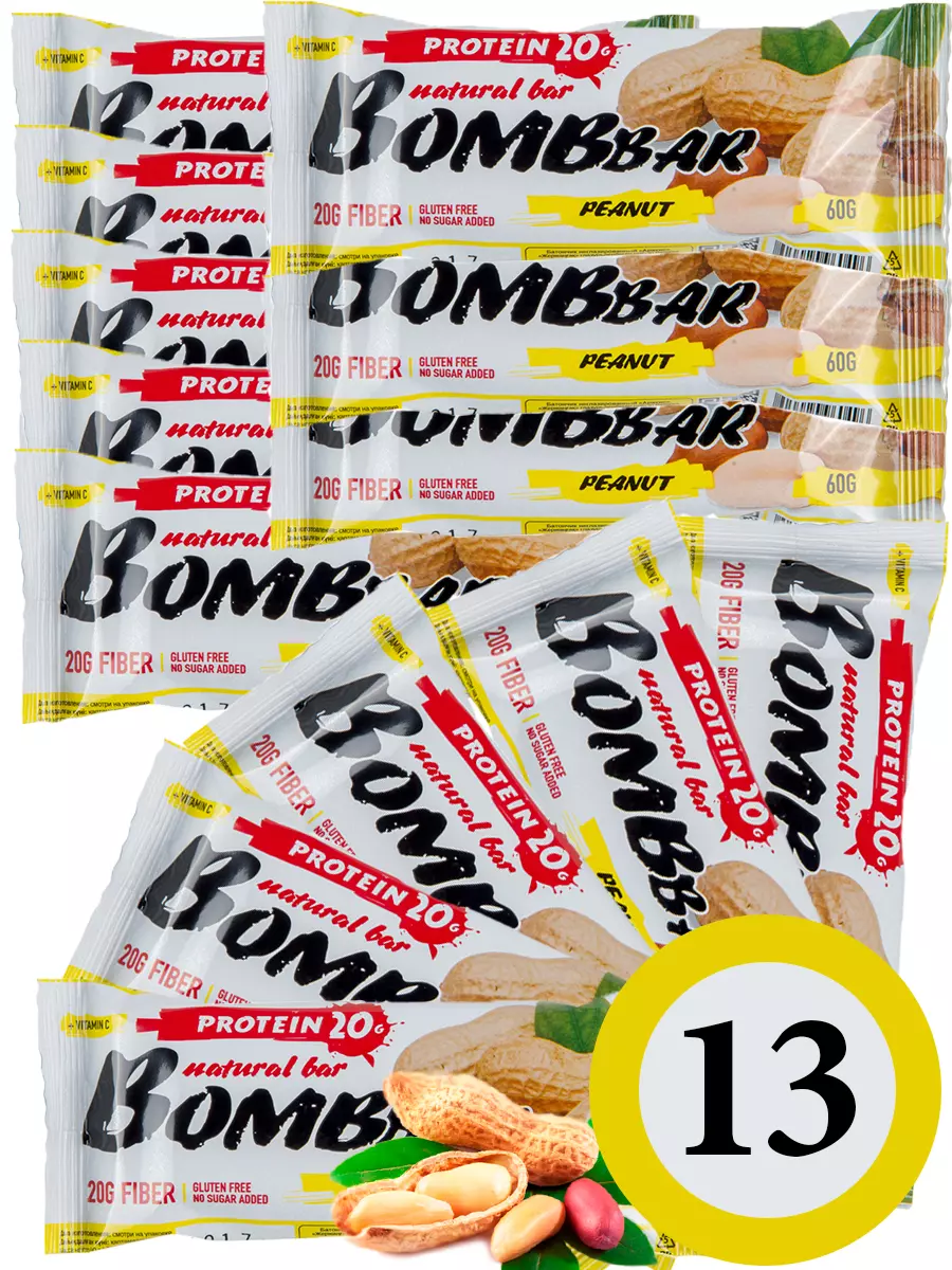 Покупайте Батончик протеиновый <b>Bombbar</b> Protein Bar Арахис, 13 x 60 г (№3656...